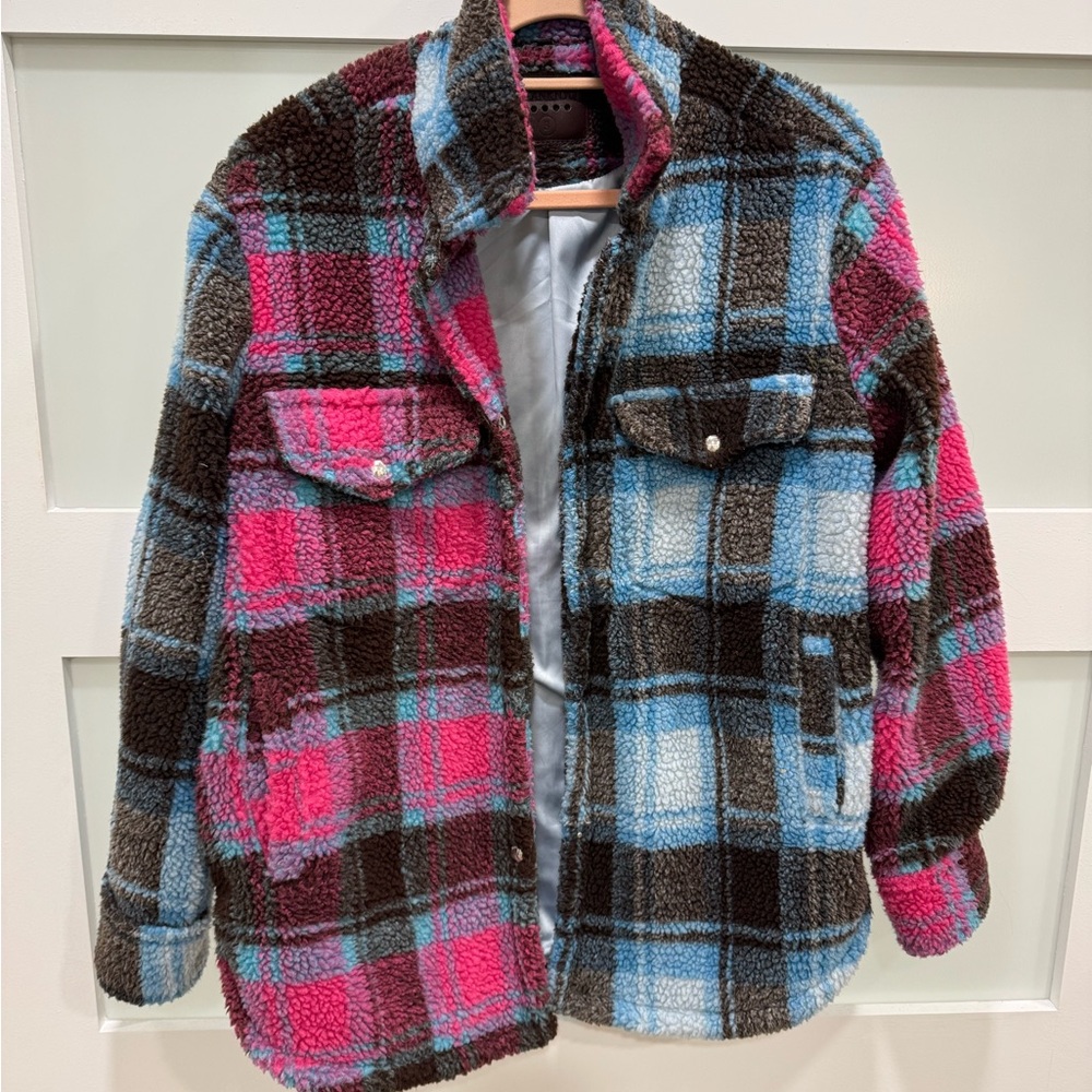 Blank nyc Plaid fleece Jacket - Pink, Blue, and Brown